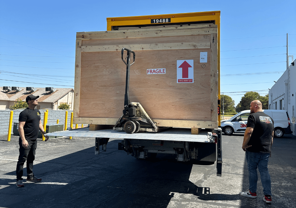 Racing simulator crated for safe shipping