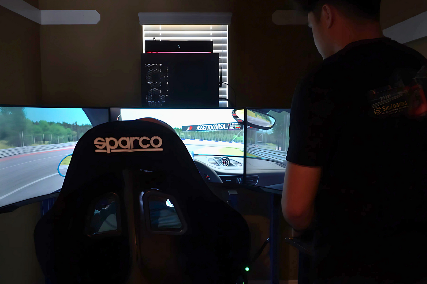 Professional technicians installing racing simulator