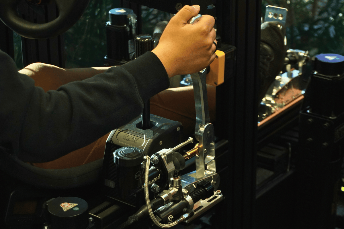Hydraulic sim racing handbrake by Sim Coaches designed for drifting and rally simulation with realistic hydraulic resistance