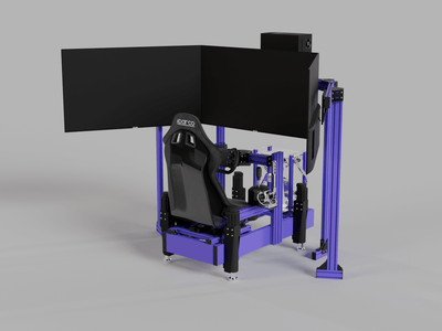 Purple Omega motion racing simulator showcasing 3DOF hydraulic platform and professional racing cockpit design