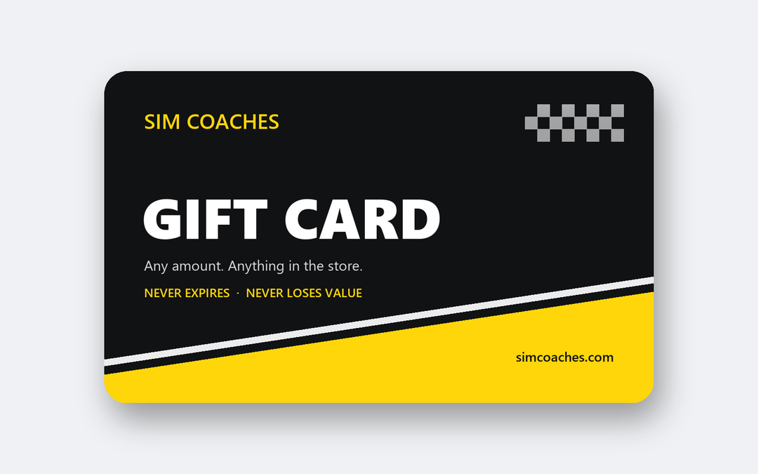 Sim Coaches gift card — never expires, never loses value