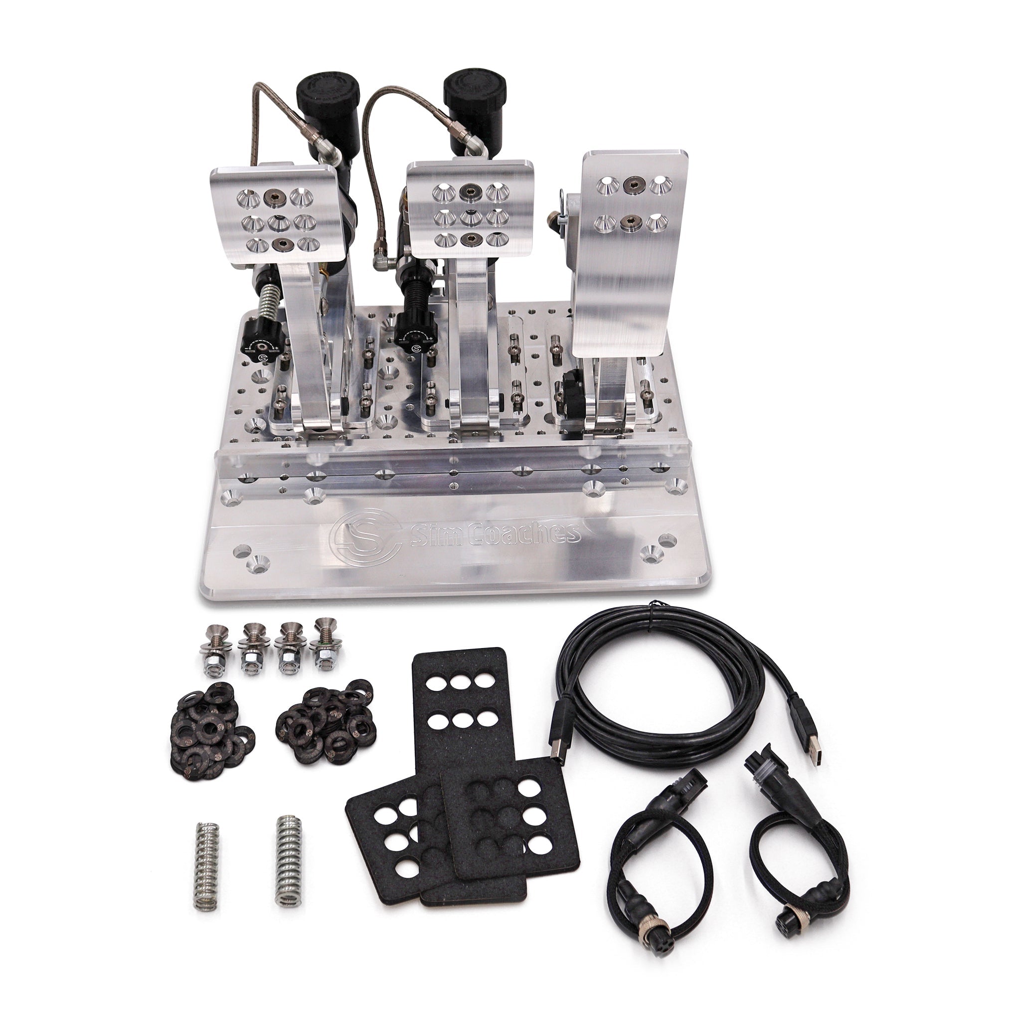 Everything included with Sim Coaches hydraulic sim racing pedals.