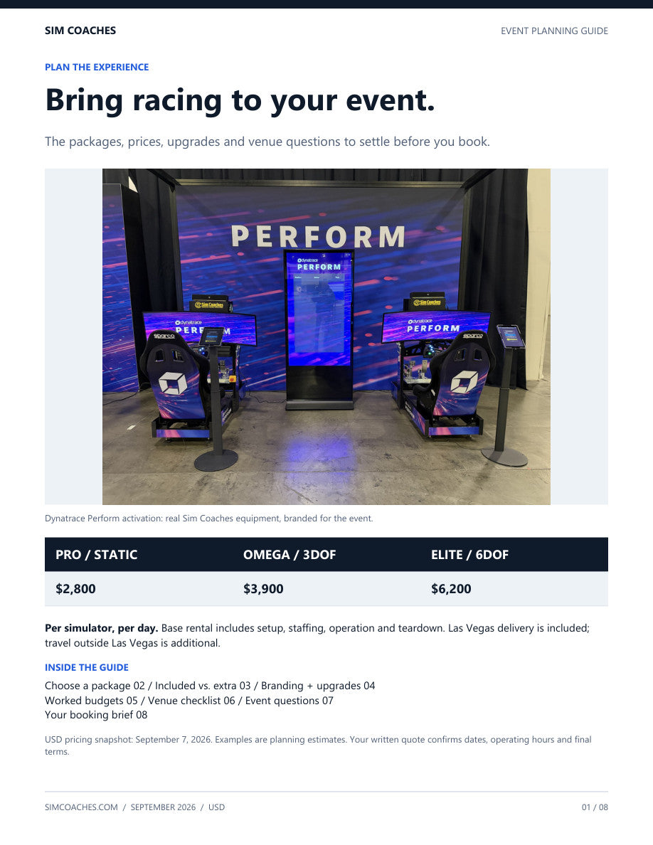 Cover of the Sim Coaches event guide, with Dynatrace activation photo and simulator day rates