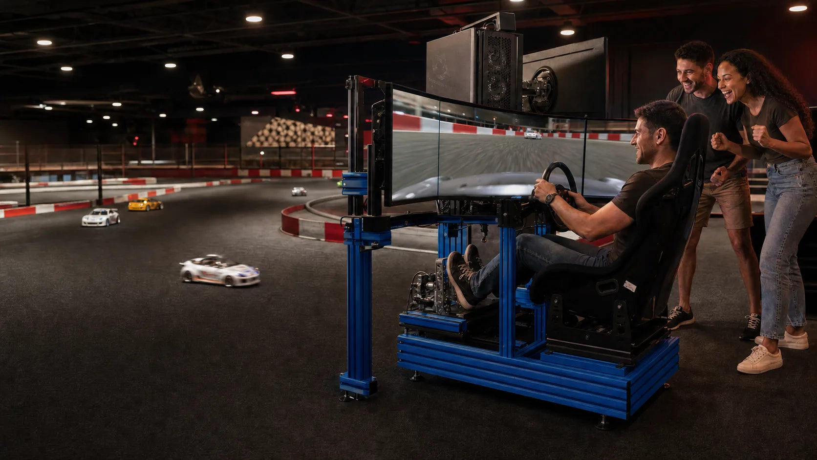 A driver in a full-size Sim Coaches cockpit racing physical RC cars on an indoor circuit at The Grid